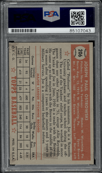 1952 Topps Joe Ostrowski #206 PSA Authentic Auto back of card