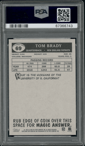2005 Topps Heritage Tom Brady #69 PSA 9 back of card