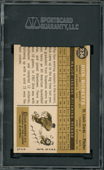1960 Topps Dick Ricketts #236 SGC 8 back of card