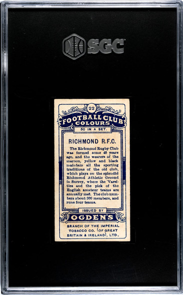 1906 Ogden's Football (Rugby) Club Colours Richmond RFC #22 Football Club Colours SGC 1.5 back of card
