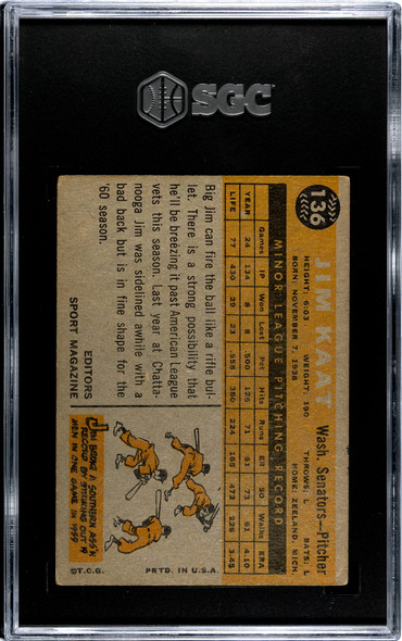 1960 Topps Jim Kaat #136 SGC 3 back of card