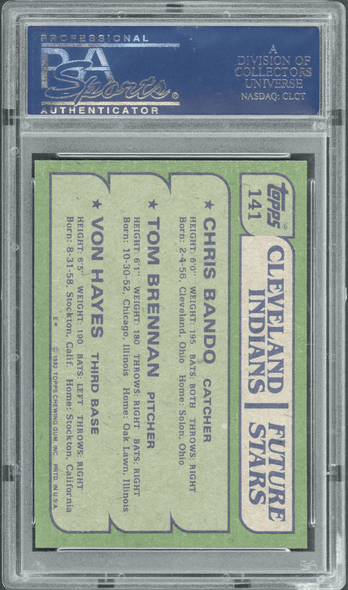 1982 Topps Chris Bando, Tom Brennan, Von Hayes #141 PSA 10 back of card