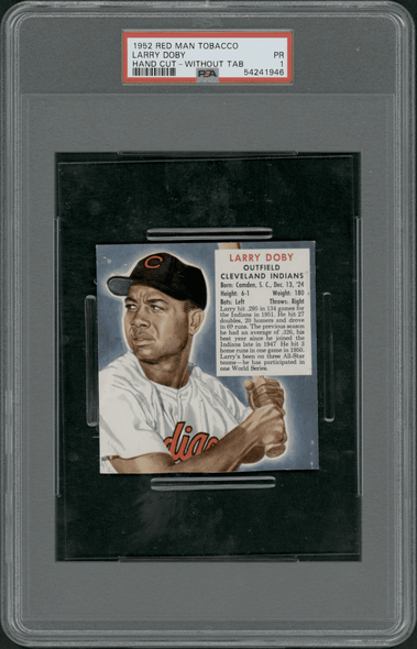 1952 Red Man Tobacco Larry Doby Hand-cut, Without Tab PSA 1 front of card