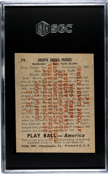 1939 Play Ball Joe Moore Sample #79 SGC 3 back of card