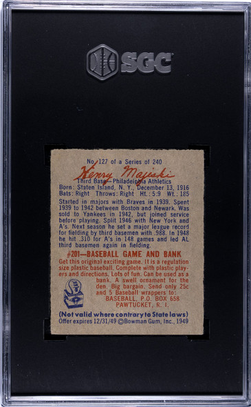 1949 Bowman Henry Majeski Script Name On Back #127 SGC 4 back of card