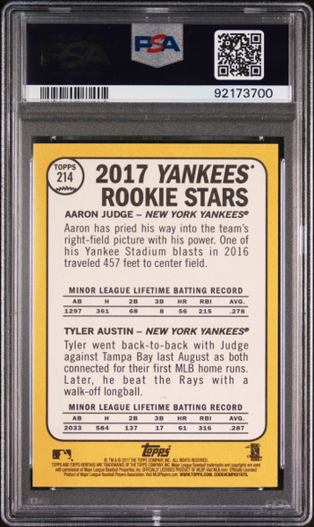 2017 Topps Heritage Aaron Judge & Tyler Austin Chrome Purple Refractor #214 PSA 10 back of card