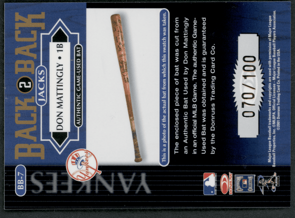 2001 Donruss Elite Don Mattingly Bat Relic #70/100 #BB-7 Back 2 Back Jacks VG+ back of card