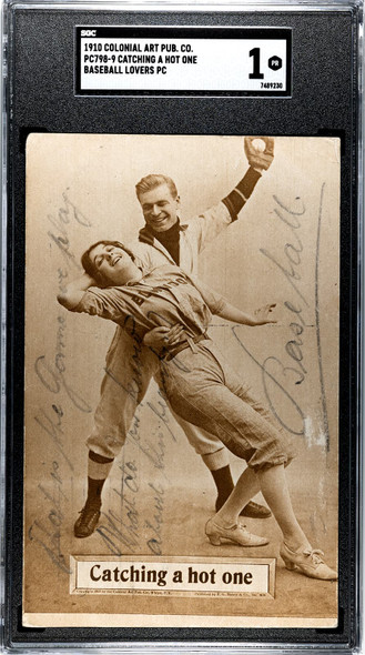 1910 Colonial Art Pub. Co. PC798-9 Baseball Postcards Catching A Hot One SGC 1 front of card