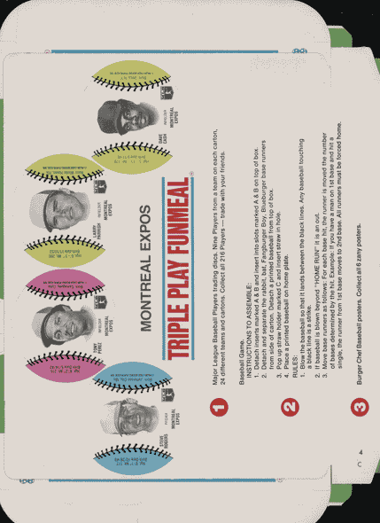 1977 Burger Chef Triple Play promo box tray with Gary Carter, Tony Perez, and Del Unser, back view