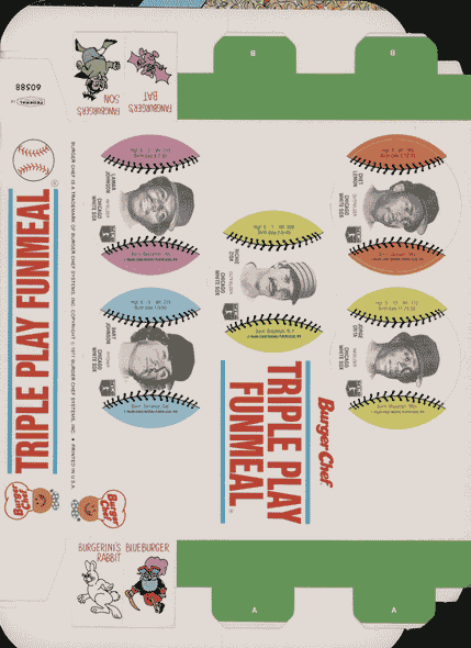 1977 Burger Chef Triple Play promo box tray with Bucky Dent, Richie Zisk, and Jorge Orta, front view