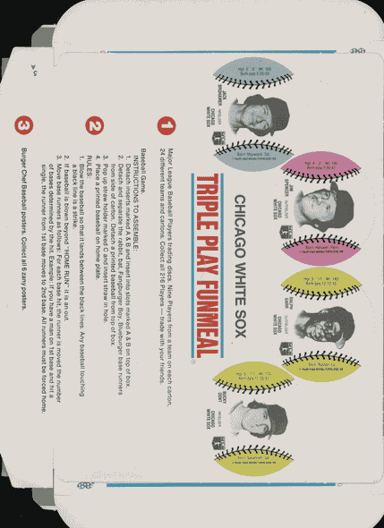 1977 Burger Chef Triple Play promo box tray with Bucky Dent, Richie Zisk, and Jorge Orta, back view