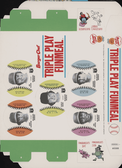 1977 Burger Chef Triple Play promo box tray with Robin Yount, Jim Slaton, and Charlie Moore, front view