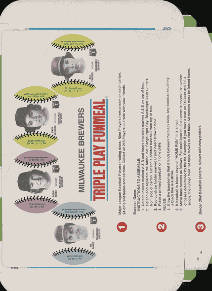1977 Burger Chef Triple Play promo box tray with Robin Yount, Jim Slaton, and Charlie Moore, back view