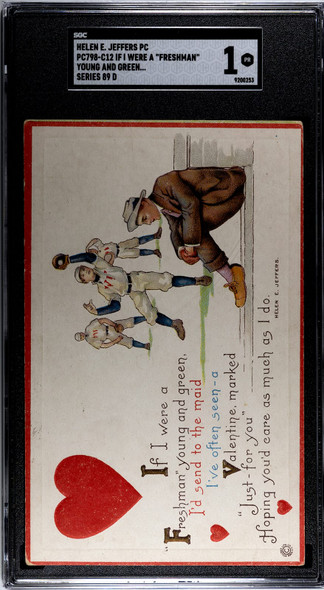 1910s Helen E. Jeffers PC798-C12 Baseball Postcards If I Were a Freshman SGC 1 front of card
