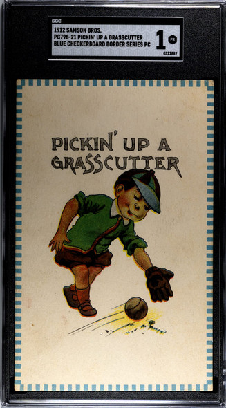 1912 Samson Bros. PC798-21 Baseball Postcards Pickin' Up A Grasscutter SGC 1 front of card