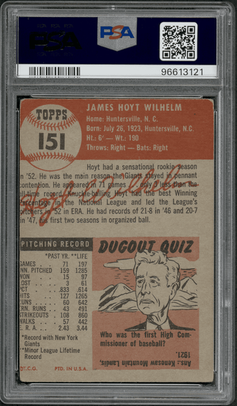 1953 Topps Hoyt Wilhelm #151 PSA/DNA Authentic Auto 10 back of card