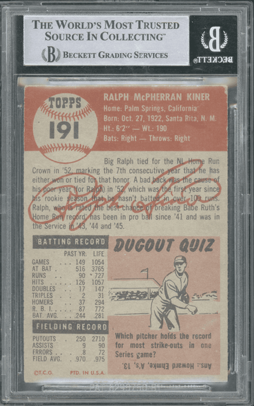 1953 Topps Ralph Kiner #191 Beckett Authentic Autograph back of card