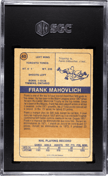 1974-75 O-Pee-Chee WHA Frank Mahovlich #40 Toronto Toros HOF SGC 6.5 back of card