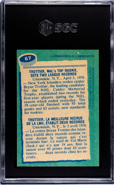 1976-77 O-Pee-Chee Bryan Trottier #67 Record Breaker New York Islanders HOF SGC Authentic back of card