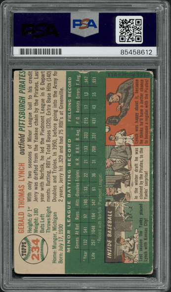 1954 Topps Jerry Lynch #234 Pittsburgh Pirates On-Card Autograph RC PSA Authentic 612 back of card