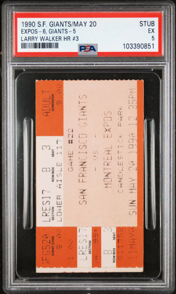 1990 Ticket Expos 6, Giants 5 Larry Walker HR 3 San Francisco Giants RC PSA 5 851 front of ticket