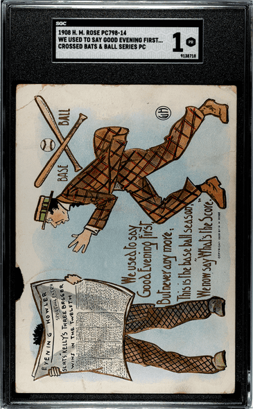 1908 H.M. Rose PC798-14 We Used to Say Good Evening First Crossed Bats & Ball Series SGC 1 front of card