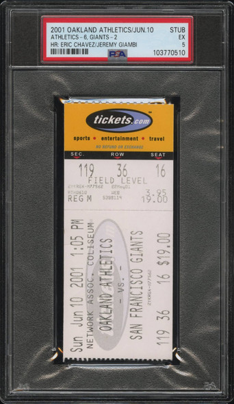 2001 Ticket Athletics 6, Giants 2 Eric Chavez and Jeremy Giambi HR Oakland Athletics PSA 5 front of ticket