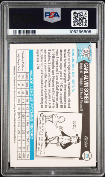1998 Philadelphia A's Historical Society Fan Favorites Carl Scheib #23 On-Card Autograph PSA 3 Auto 10 back of card