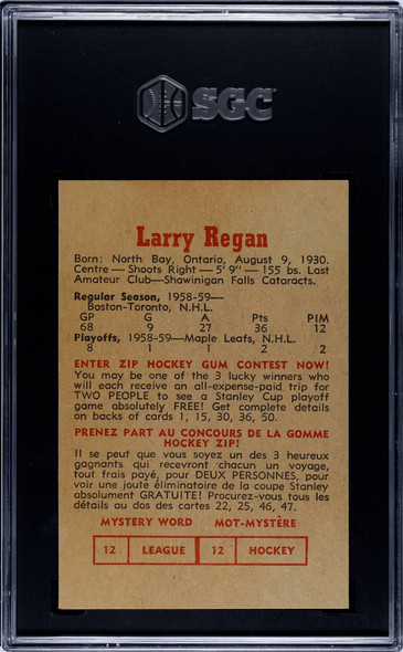 1959-60 Parkhurst Larry Regan #17 Toronto Maple Leafs SGC 3 back of card