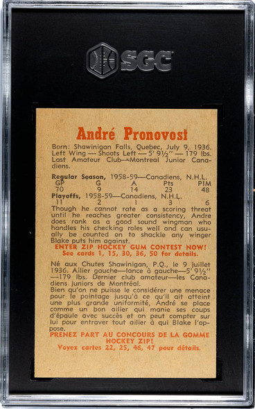 1959-60 Parkhurst Andre Pronovost #35 Montreal Canadiens SGC 4 back of card