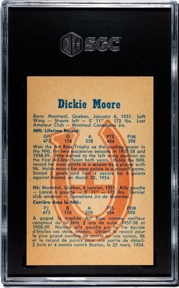 1960-61 Parkhurst Dickie Moore #38 Montreal Canadiens HOF SGC 7 back of card