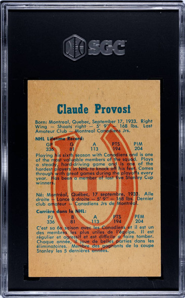 1960-61 Parkhurst Claude Provost #54 Montreal Canadiens SGC 4 back of card