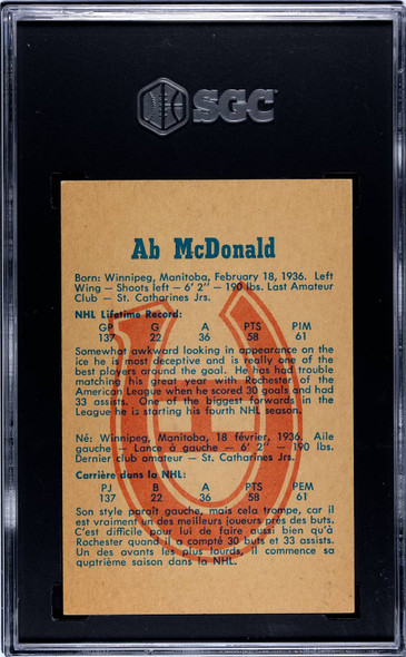 1960-61 Parkhurst Ab McDonald #60 Montreal Canadiens SGC 6 back of card