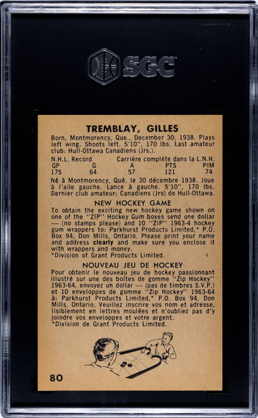 1963-64 Parkhurst Gilles Tremblay #80 Montreal Canadiens SGC 6 back of card