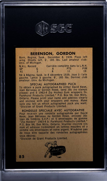 1963-64 Parkhurst Red Berenson #85 Montreal Canadiens RC SGC 4 back of card