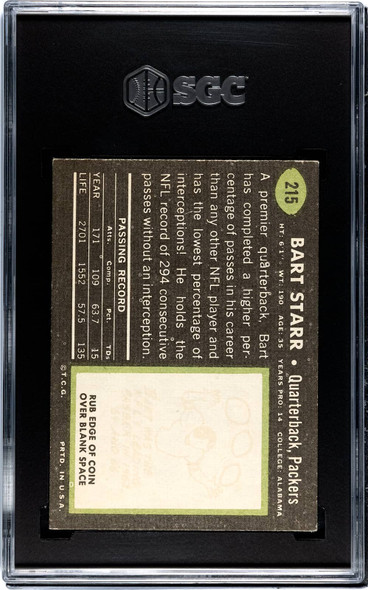 1969 Topps Bart Starr #215 Green Bay Packers HOF SGC 4 back of card