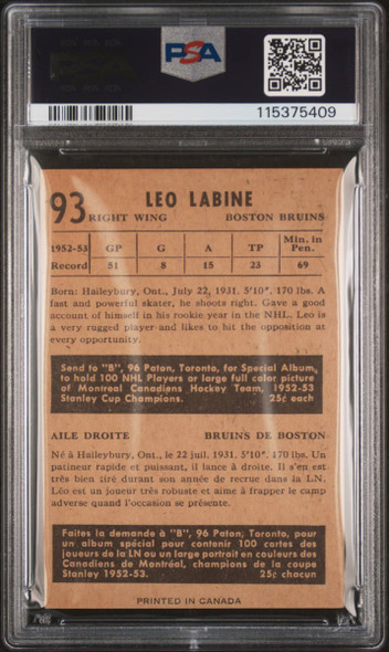 1953 Parkhurst Leo Labine #93 Boston Bruins PSA 6 back of card
