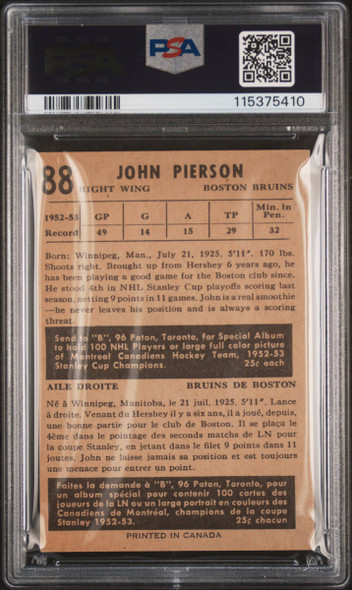 1953 Parkhurst Johnny Pierson #88 Boston Bruins PSA 5 back of card