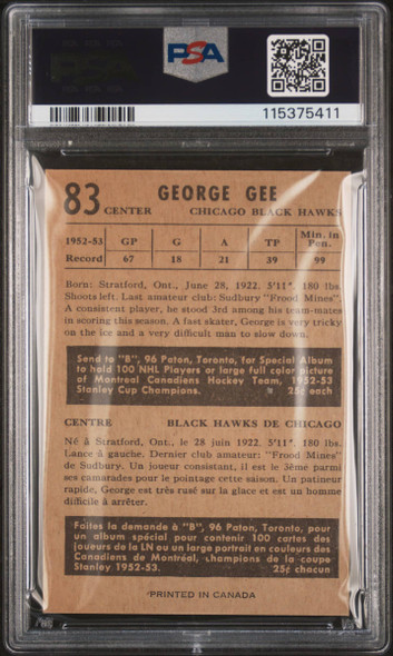 1953 Parkhurst George Gee #83 Chicago Blackhawks PSA 5 back of card