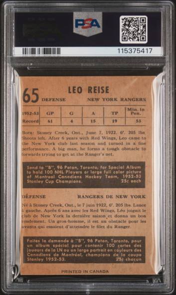 1953 Parkhurst Leo Reise #65 New York Rangers PSA 3 back of card