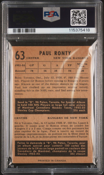 1953 Parkhurst Paul Ronty #63 New York Rangers PSA 3.5 back of card