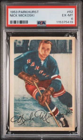 1953 Parkhurst Nick Mickoski #62 New York Rangers PSA 6 front of card