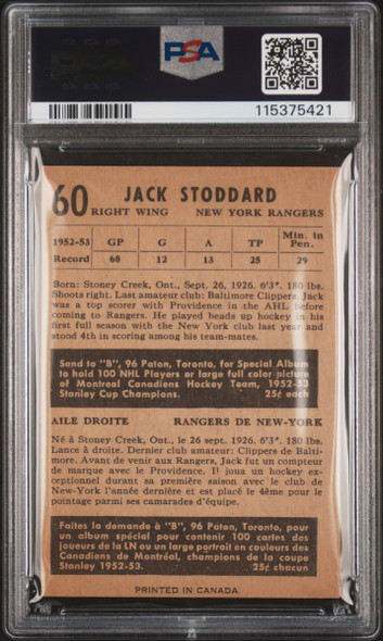 1953 Parkhurst Jack Stoddard #60 New York Rangers PSA 2 back of card