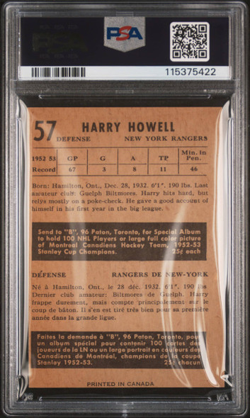 1953 Parkhurst Harry Howell #57 New York Rangers HOF RC PSA 6 back of card