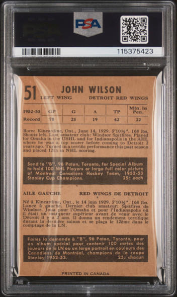 1953 Parkhurst John Wilson #51 Detroit Red Wings PSA 4 back of card