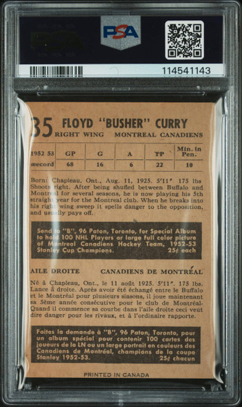 1953 Parkhurst Floyd Curry #35 Montreal Canadiens PSA 4 back of card