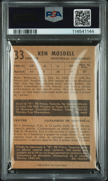 1953 Parkhurst Ken Mosdell #33 Montreal Canadiens PSA 7 back of card