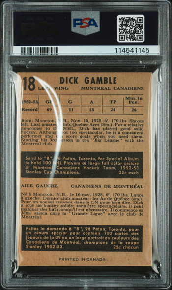 1953 Parkhurst Dick Gamble #18 Montreal Canadiens PSA 4 back of card