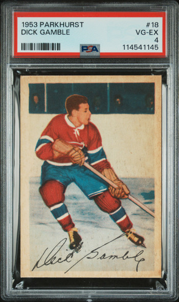 1953 Parkhurst Dick Gamble #18 Montreal Canadiens PSA 4 front of card
