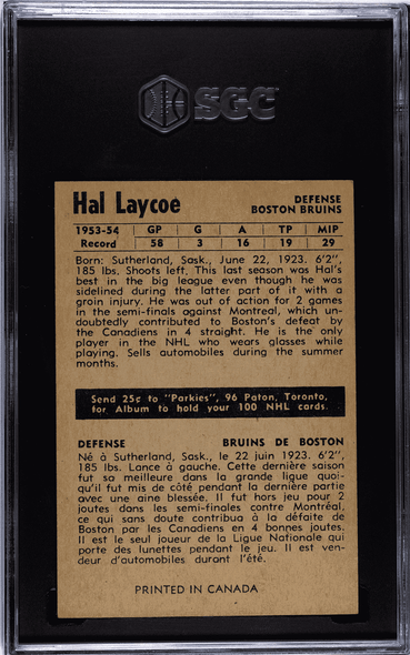 1954-55 Parkhurst Hal Laycoe #52 Boston Bruins SGC 6 back of card